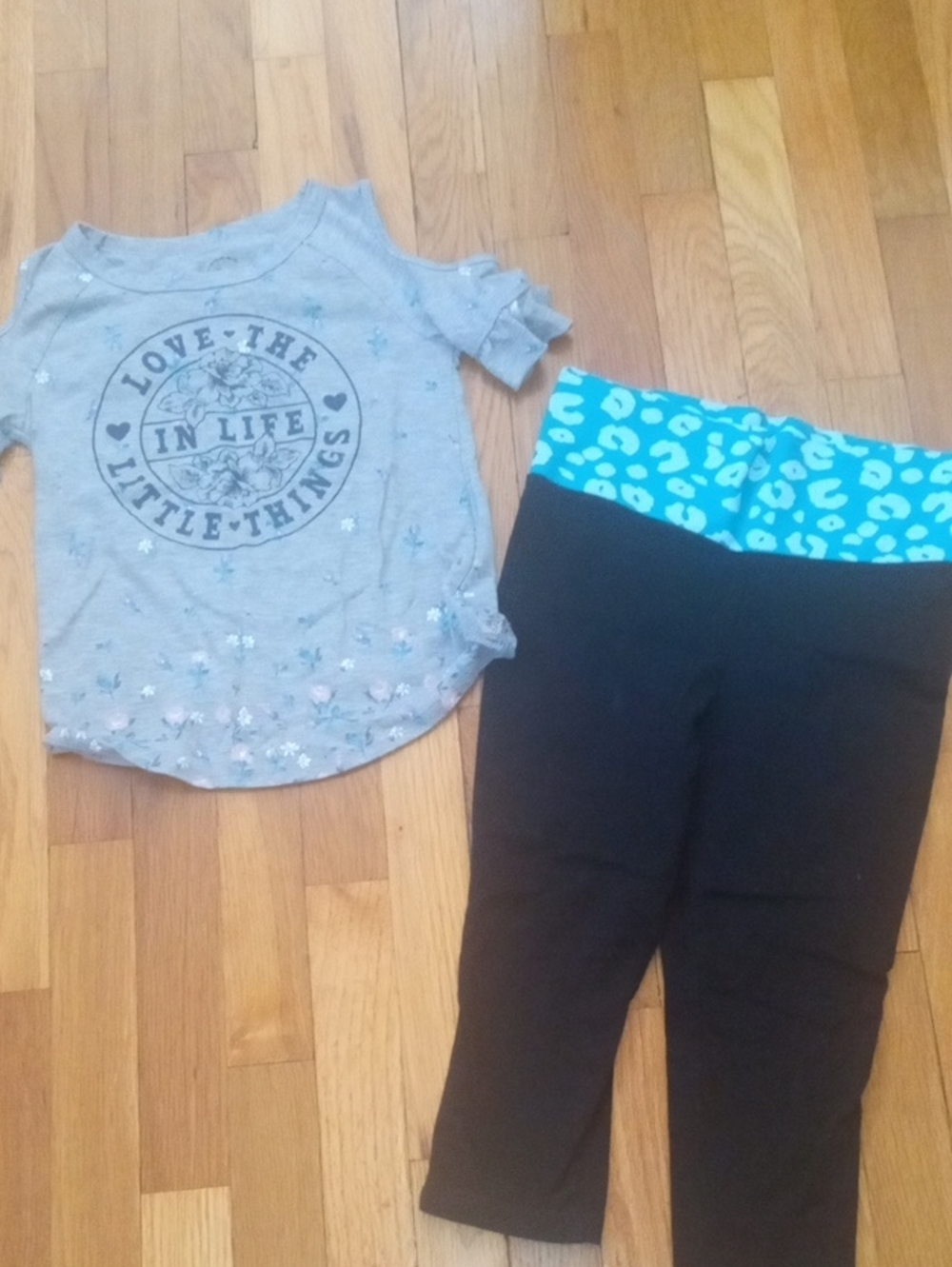 girl M Black Leggings w/ Turquoise Leopard Print Waistband and cold shoulder tee